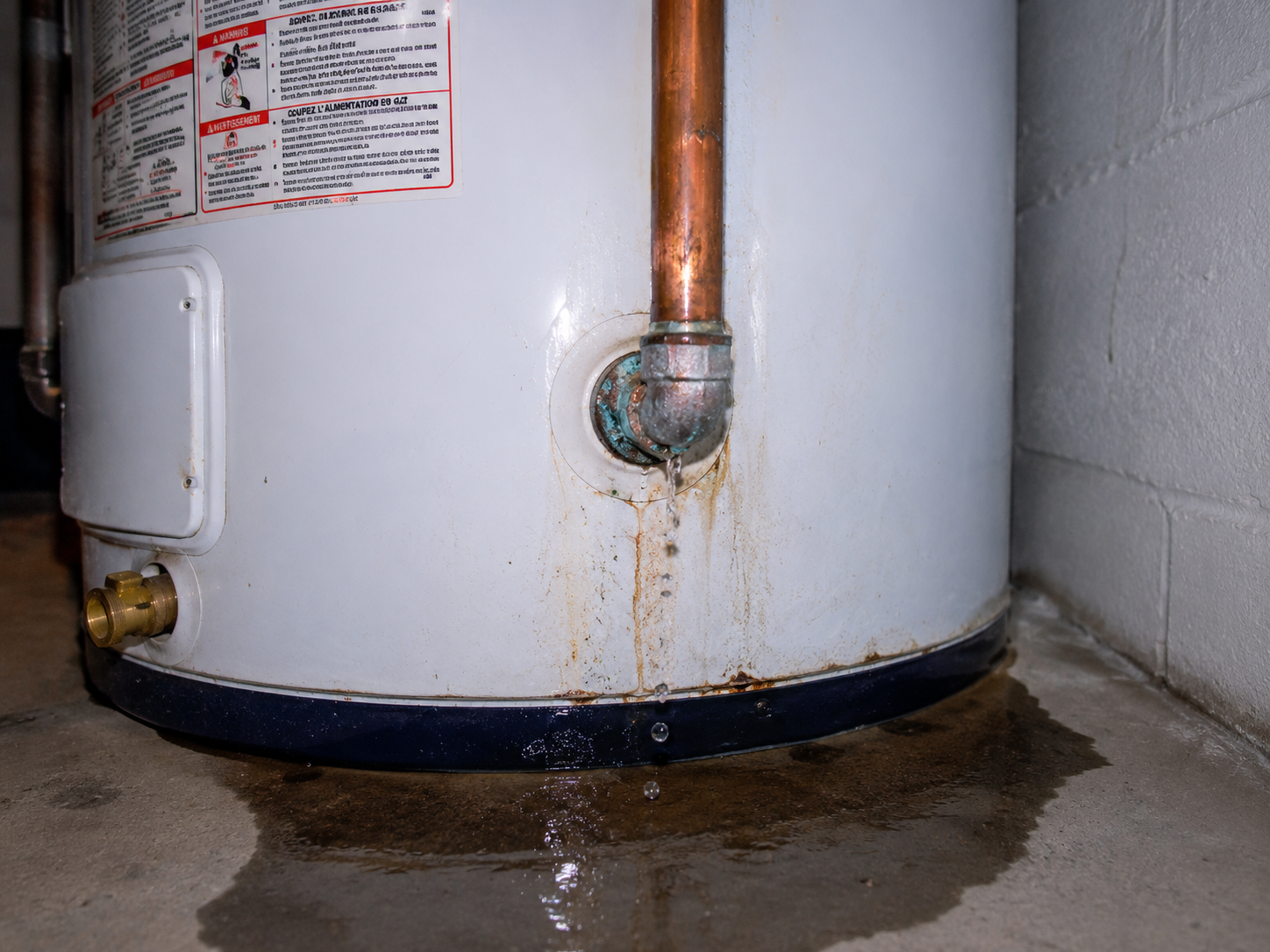 Fuite d’eau au niveau du raccord d’un chauffe-eau, avec traces de rouille et flaque au sol